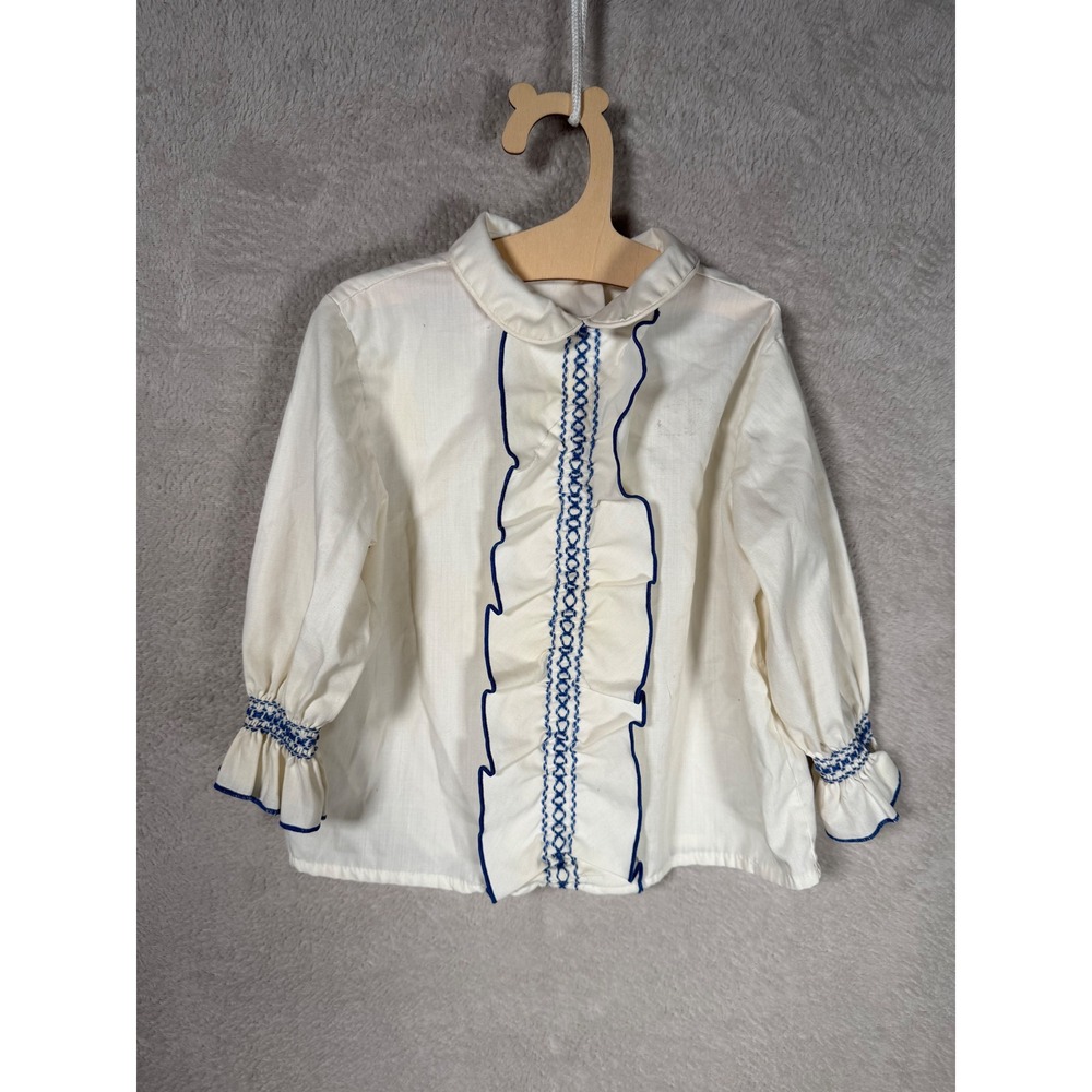 VTG Stoneswear World of Fashion 2T Ivory Blue Ruffle Blouse Smocked Embroidered